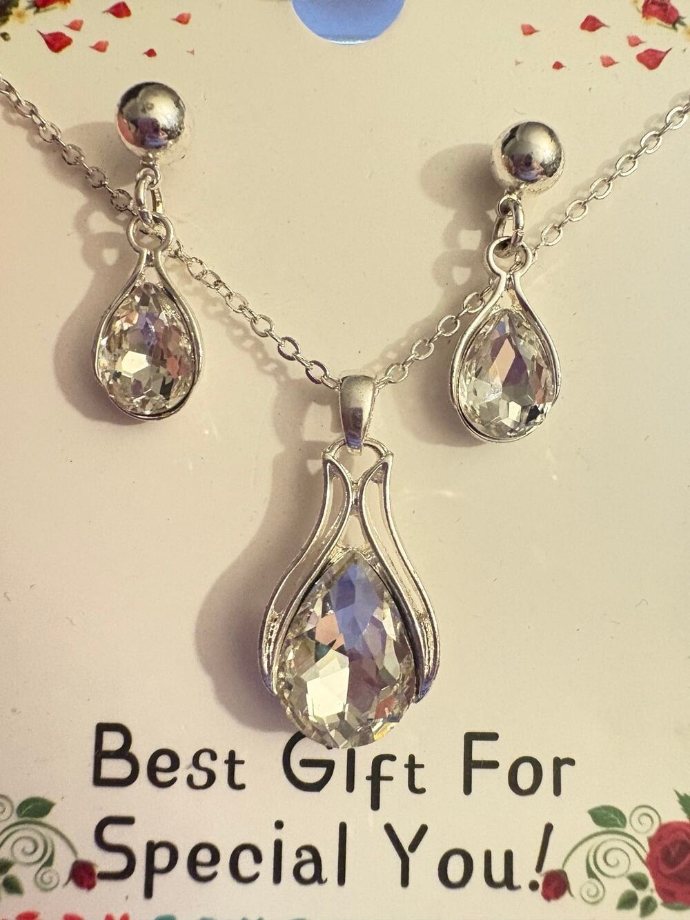 NIB OTTFF Silver Tone Clear Teardrop Necklace Earrings Set